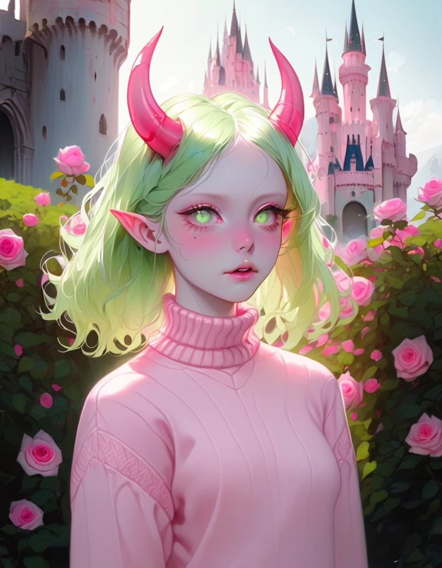 Albino demon girl standing, (eyes large, The eyes are delicate and beautiful, beautiful and delicate face, details on the face), ( Green curls:1.3) , Walk through pink rose bushes and the castle in the distance, Pink turtleneck sweater with tulle skirt, orthodontic appliances, chewing gum , blinking ,(long, complex horns:1.2) Sneakers with socks, rainbow journey