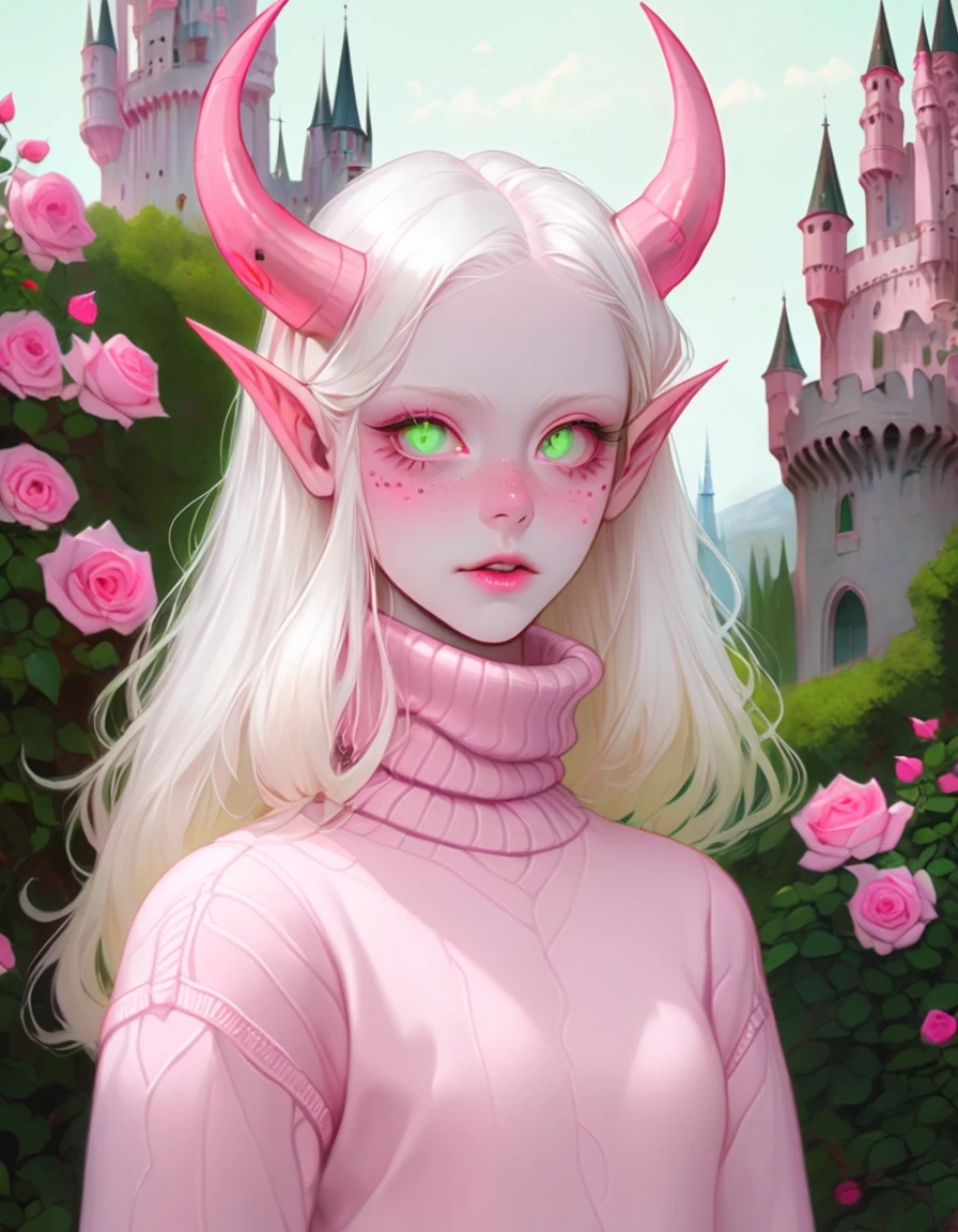 Albino demon girl standing, (eyes large, The eyes are delicate and beautiful, beautiful and delicate face, details on the face), ( Green curls:1.3) , Walk through pink rose bushes and the castle in the distance, Pink turtleneck sweater with tulle skirt, orthodontic appliances, chewing gum , blinking ,(long, complex horns:1.2) Sneakers with socks, rainbow journey