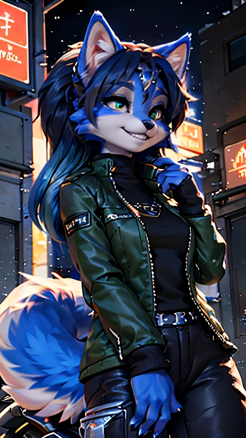 A beautiful and detailed (sweet portrait) wa ((Krystal)), Star Fox Krystal, sslim, lovable, green eyes, medium breasts, (((Long blue hair 1.3))),  ((black hair tips)), Decollete, grin, look up,, anthro, furry, Uploaded E621, detailed fluffy fur, (wa Fluff-Kevlar, Bayard Wu, Personalami, Pino Daeni), detailed face, (fluffy), 1 girl, alone, sweet girl, lederjacke, fährt motorrad, lederkombi
