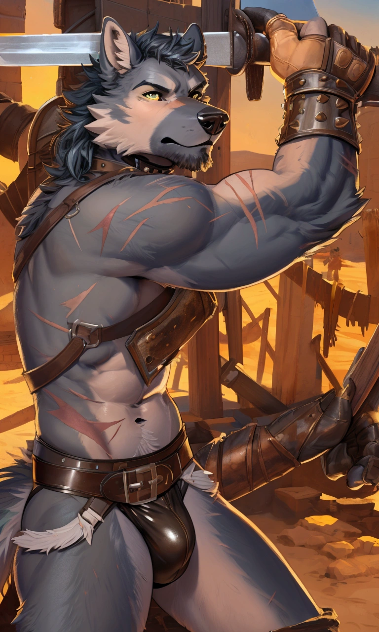 Solo Sexy young anthro furry wolf male mercenary medieval solider, slim slim muscular, anthro handsome gay shorter muzzle, handsome gay model male apperance, sword scars, worn out leather skimpy armament, low on hips heavy leather belt, old very worn out skimpy dirty linen material jockstrap, old yellow dirty worn out stains on white sawn jockstrap, very visible "x" brown seam pattern on the jockstrap, studded skimpy armlets breastplate armor, skimpy breastplate, leather bondages, fingerless leather gloves, smelly unwashed furr, dirty body look, desert battlefield, standing in sexy fighting position, close view of full character