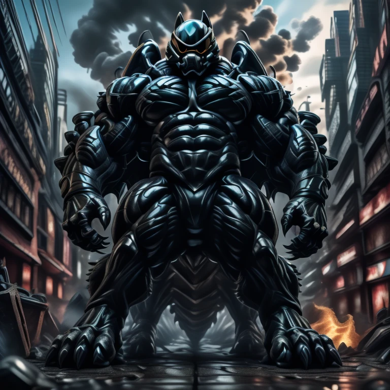 (masterpiece. official art. 8k. best quality. detailed full body. full body.)
(situation 1 : dominating mega lucario. focus GIANT mechanical Muscular mega lucario is trampling the CITY. macro. stomp. Low-angle perspective. emphasizing the immense size. The perspective is from below, emphasizing the sheer majesty and power of the Giant. giant art. He is much bigger than a skyscraper. Giga Giants. micro soccer field. looking down.)

(situation 2 :smoke and flames rising from the destruction in the city)

(Additional details 1: wearing a full-face helmet. helmet is jet black. The color of NANOSUIT is jet black. high-tech bio-mecha armor. real texture material. whole body shines like metal. Wearing cyberpunk mecha. emphasizes the muscles. suit fully made of metal. intricate armor. Robotic suit. suit fully made of metal. no face.). (mega lucario has 5 toes.) Wearing a Full Face Toxic Gas Mask. no blue.
An arrogant expression.
smile at the corner of your mouth.

(Additional details 2: (Detailed head. Detailed Body. Detailed abs. gigantic muscles. HYPER MUSCLES. Gigachad Muscular. big muscle. pecs. triceps. traps. unusually developed muscular body. body full of huge muscles. showing off muscles. pectorales enormes. Exaggeratedly huge muscles. huge muscles. long legs.).

(Additional details 3: nj5furry, Spread wings. It has wings. black have big wings. The claws are sharp. Sharp teeth.5 toes.).  Wearing a Full Face Toxic Gas Mask. 