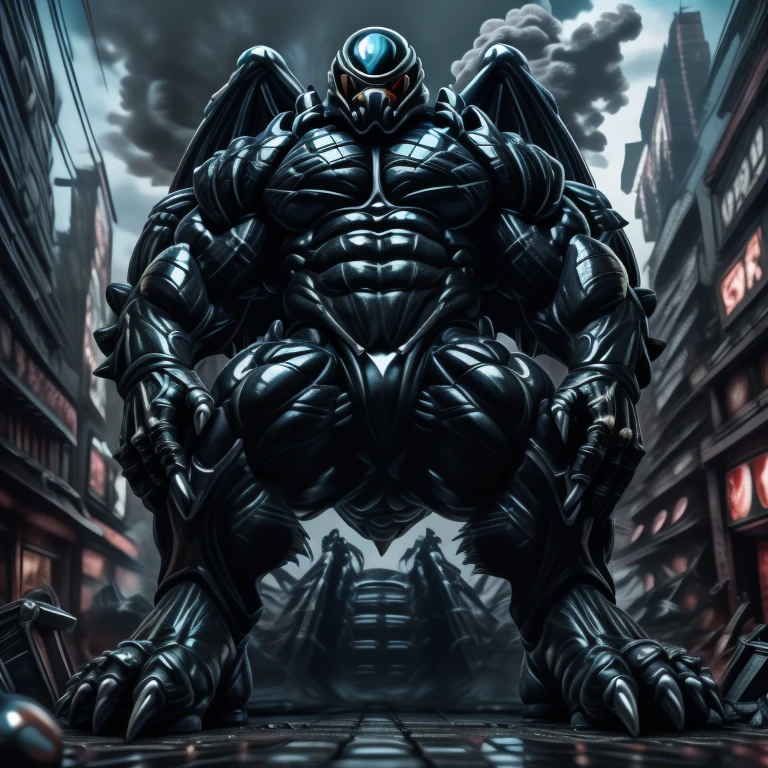 (masterpiece. official art. 8k. best quality. detailed full body. full body.)
(situation 1 : dominating mega lucario. focus GIANT mechanical Muscular mega lucario is trampling the CITY. macro. stomp. Low-angle perspective. emphasizing the immense size. The perspective is from below, emphasizing the sheer majesty and power of the Giant. giant art. He is much bigger than a skyscraper. Giga Giants. micro soccer field. looking down.)

(situation 2 :smoke and flames rising from the destruction in the city)

(Additional details 1: wearing a full-face helmet. helmet is jet black. The color of NANOSUIT is jet black. high-tech bio-mecha armor. real texture material. whole body shines like metal. Wearing cyberpunk mecha. emphasizes the muscles. suit fully made of metal. intricate armor. Robotic suit. suit fully made of metal. no face.). (mega lucario has 5 toes.) Wearing a Full Face Toxic Gas Mask. no blue.
An arrogant expression.
smile at the corner of your mouth.

(Additional details 2: (Detailed head. Detailed Body. Detailed abs. gigantic muscles. HYPER MUSCLES. Gigachad Muscular. big muscle. pecs. triceps. traps. unusually developed muscular body. body full of huge muscles. showing off muscles. pectorales enormes. Exaggeratedly huge muscles. huge muscles. long legs.).

(Additional details 3: nj5furry, Spread wings. It has wings. black have big wings. The claws are sharp. Sharp teeth.5 toes.).  Wearing a Full Face Toxic Gas Mask. 