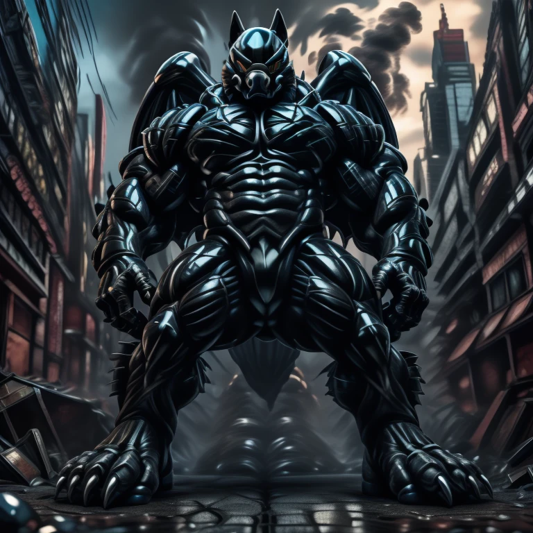 (masterpiece. official art. 8k. best quality. detailed full body. full body.)
(situation 1 : dominating mega lucario. focus GIANT mechanical Muscular mega lucario is trampling the CITY. macro. stomp. Low-angle perspective. emphasizing the immense size. The perspective is from below, emphasizing the sheer majesty and power of the Giant. giant art. He is much bigger than a skyscraper. Giga Giants. micro soccer field. looking down.)

(situation 2 :smoke and flames rising from the destruction in the city)

(Additional details 1: wearing a full-face helmet. helmet is jet black. The color of NANOSUIT is jet black. high-tech bio-mecha armor. real texture material. whole body shines like metal. Wearing cyberpunk mecha. emphasizes the muscles. suit fully made of metal. intricate armor. Robotic suit. suit fully made of metal. no face.). (mega lucario has 5 toes.) Wearing a Full Face Toxic Gas Mask. no blue.
An arrogant expression.
smile at the corner of your mouth.

(Additional details 2: (Detailed head. Detailed Body. Detailed abs. gigantic muscles. HYPER MUSCLES. Gigachad Muscular. big muscle. pecs. triceps. traps. unusually developed muscular body. body full of huge muscles. showing off muscles. pectorales enormes. Exaggeratedly huge muscles. huge muscles. long legs.).

(Additional details 3: nj5furry, Spread wings. It has wings. black have big wings. The claws are sharp. Sharp teeth.5 toes.).  Wearing a Full Face Toxic Gas Mask. 