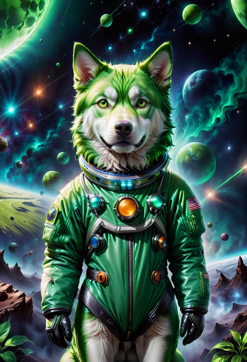 ,moon background, products background stars,Pov,Green Dog, Space suit,