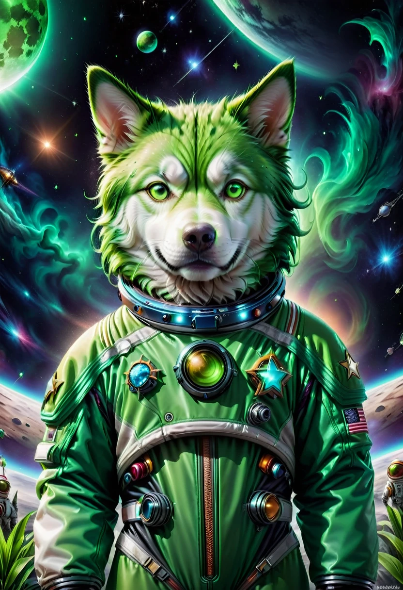 ,moon background, products background stars,Pov,Green Dog, Space suit,