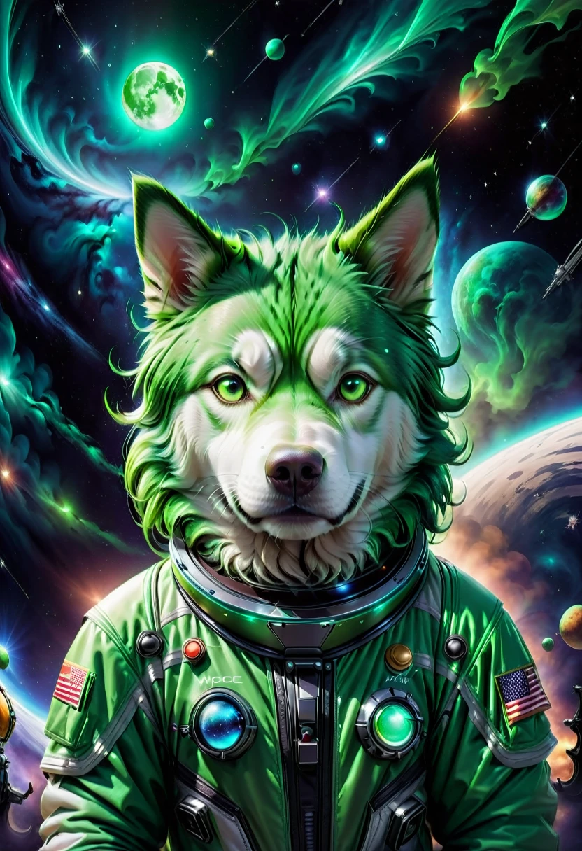 ,moon background, products background stars,Pov,Green Dog, Space suit,