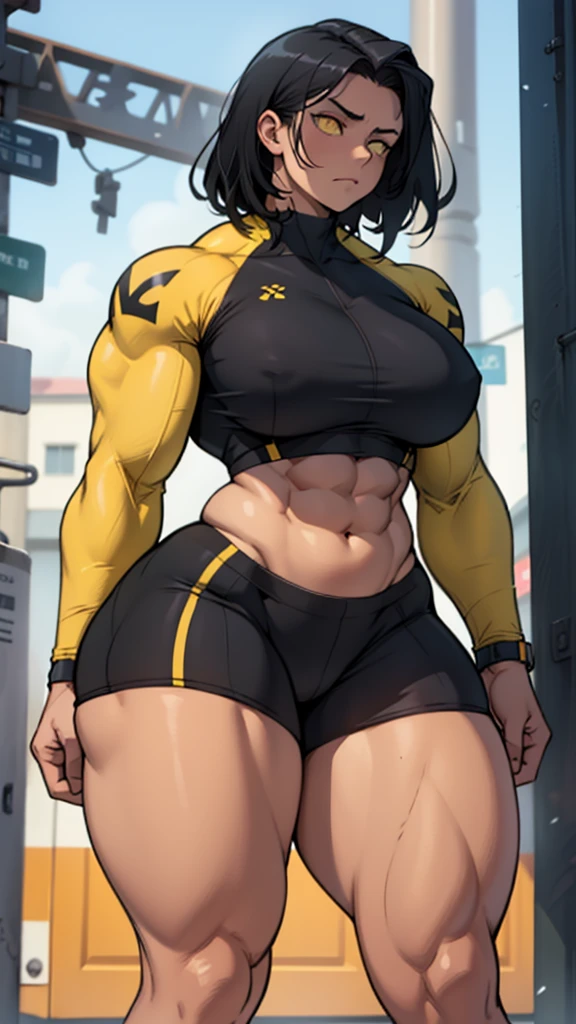 wide hips curvy thick thighs voluptuous large breasts muscular toned body bodybuilder black hair pale skin yellow eyes skintight expressionless sad sad