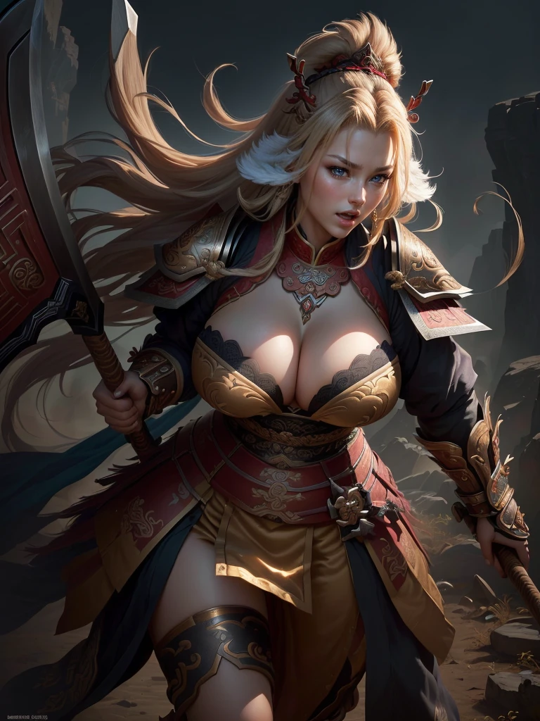 a woman with a large axe and a feathered head, inspired by Hu Zaobin, berserker potrait, guan yu, bian lian, sun wukong, mongol, inspired by Huang Shen, inspired by Li Gonglin, tai warlord, inspired by Wu Bin, wukong, inspired by Li Kan, naranbaatar ganbold, Highly detailed CG unit 8k wallpaper, masterpiece, High resolution, highest quality, highest quality real texture skin, Super Real, Digital Painting, Best image quality, 最High resolution, 8k, ((Highly detailed eyes and face, Beautiful eyes every detail)), 1girl, Full Body Shot, Saggy breasts, Gravity-dependent breasts, long chest, Heavy chest, disproportionate breasts, huge breasts, sagging breasts, gigantic breasts, erect nipple, Cleavage cut out, Look away, Gazing into the distance, ((open your mouth wide, stick out tongue)), (evil smile, madness),