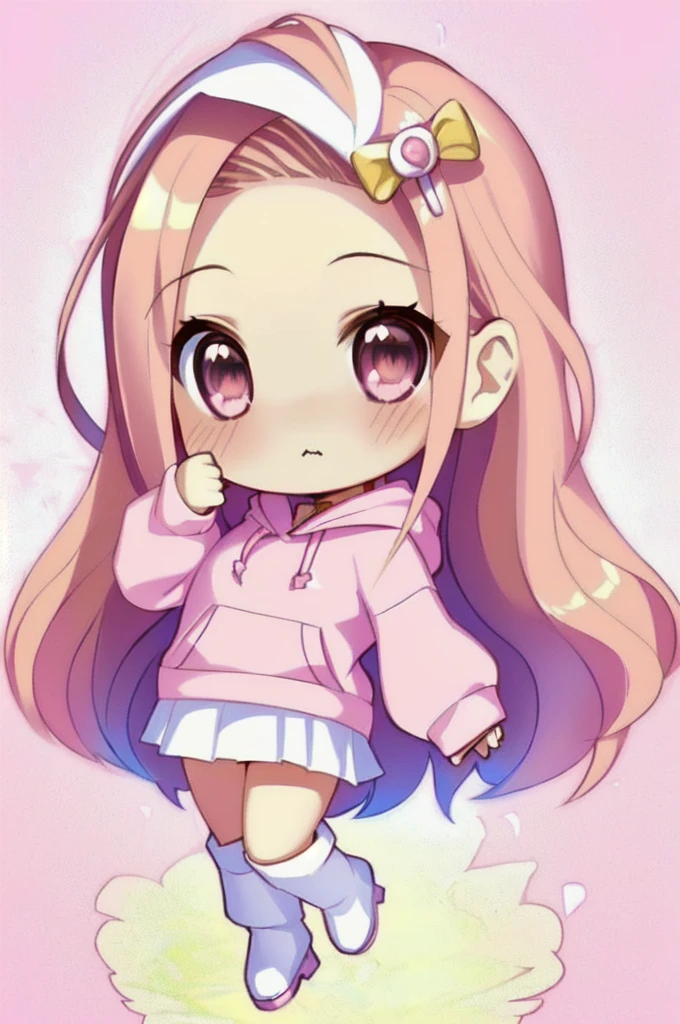 (((chibi:1.2))), girl, high quality, blonde long hair, closed mouth, looking at the viewer, ((showing forehead hairstyle)),(((she wears a pink hoodie and white skirt))), (((brown boots))), white background, very cute, 
