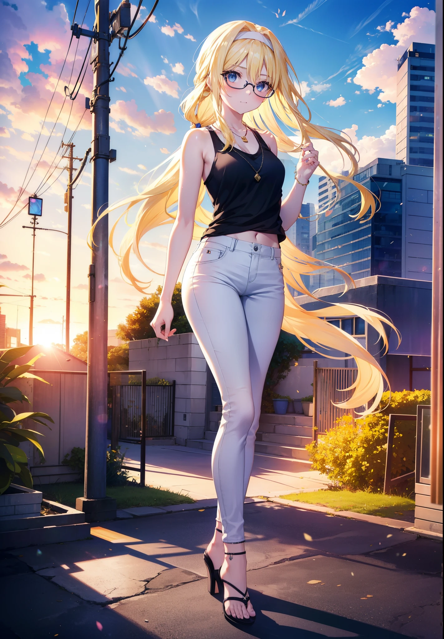 Alicesburg, Alice Zuberg, bangs, blue eyes, Blonde, Hair between the eyes, Very long hair, Braiding, hair band, white hair band,Black-rimmed glasses,Yellow Tank Top,Locket Necklace,skinny pants,Stiletto heels,Walking,morning,morning陽,The sun is rising,whole bodyがイラストに入るように,smile,blush,
break outside, Residential Street,
break looking at viewer, whole body,
break (masterpiece:1.2), Highest quality, High resolution, unity 8k wallpaper, (figure:0.8), (Beautiful attention to detail:1.6), Highly detailed face, Perfect lighting, Highly detailed CG, (Perfect hands, Perfect Anatomy),