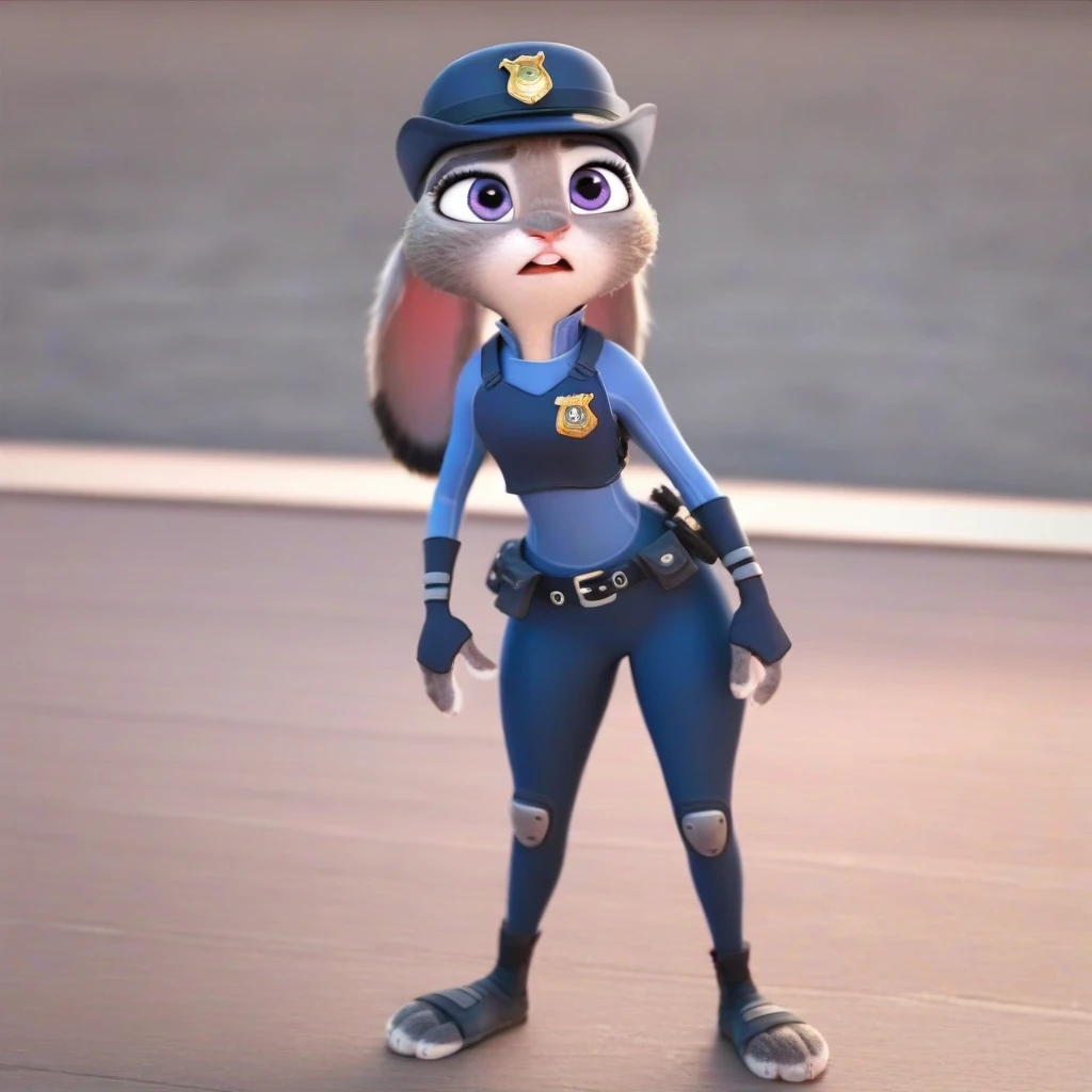 judyhopps, purple eyes, rabbit, rabbit ears, rabbit girl, police unifor, short sleeved shirt, light blue shirt, necktie, pencil skirt, high waisted miniskirt, belt, white gloves, police hat, (((bodycon miniskirt))), makeup, eyeshadow, mascara, eyeliner, sultry