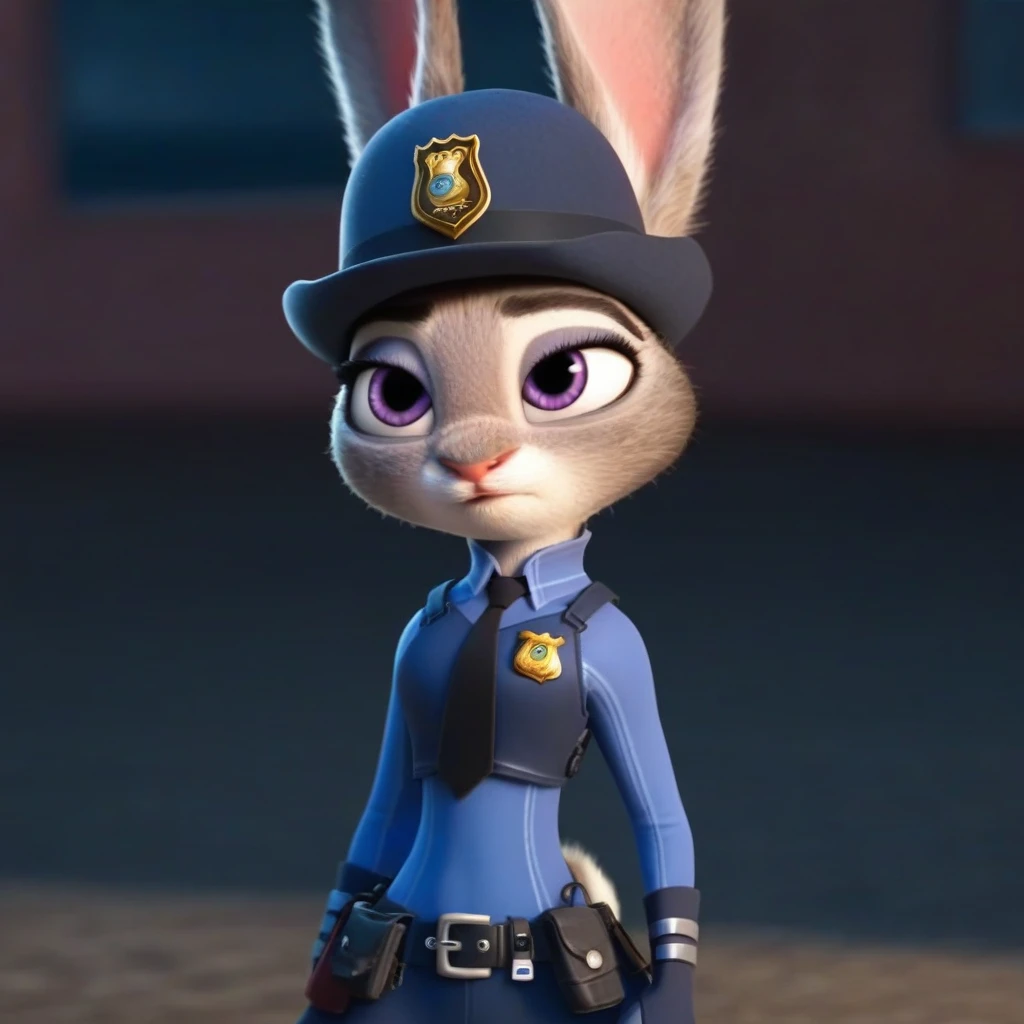 judyhopps, purple eyes, rabbit, rabbit ears, rabbit girl, police unifor, short sleeved shirt, light blue shirt, necktie, pencil skirt, high waisted miniskirt, belt, white gloves, police hat, (((bodycon miniskirt))), makeup, eyeshadow, mascara, eyeliner, sultry