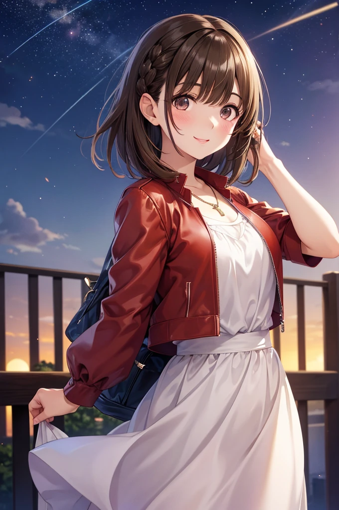 anegasaki nene、Shiny brown hair, short hair, (Beautiful brown eyes)、smile、Sparkling eyes, (Fine grain)、Ultra-detailed eyes、Highly detailed face, Highly detailed eyes,Cowboy Shot、masterpiece, Highest quality, One girl, alone, , Braided Ponytail,  necklace, Cropped jacket, Red jacket, Short sleeve, Pink Dress, Long dress, night, night sky, moon, moon light