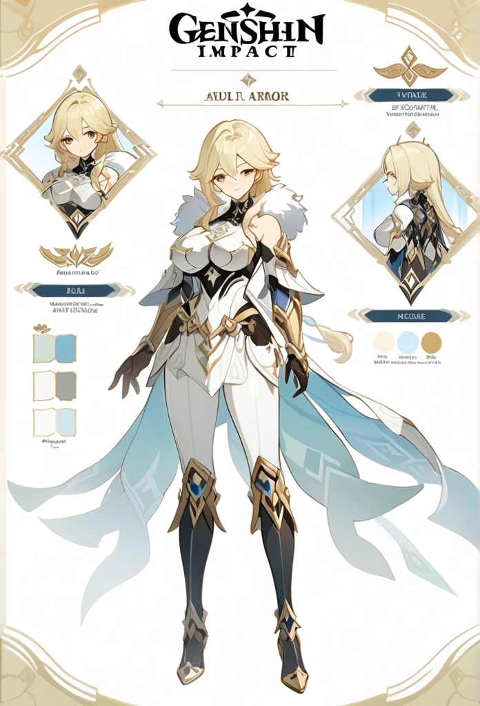 Genshin impact, genshin impact outfit, large breast, standing, character sheet, white backgound, bare shoulders, fur mantle, long hair,
slender legs, milf, adult, ((plate armor))