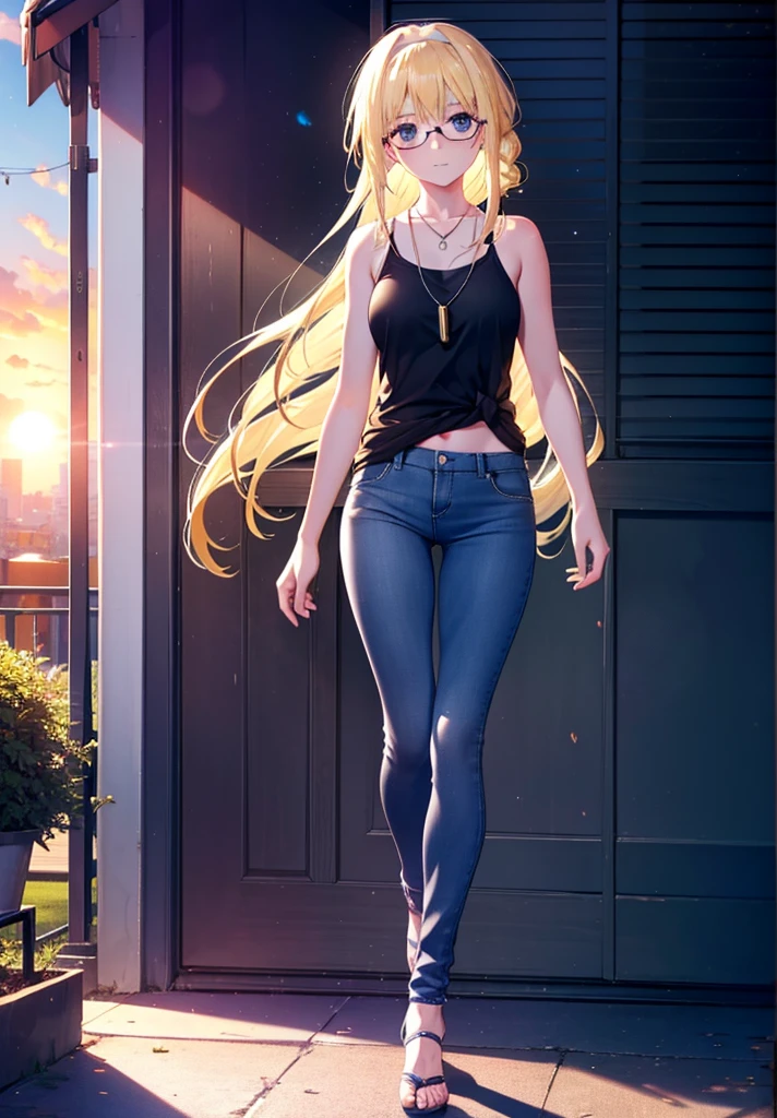 Alicesburg, Alice Zuberg, bangs, blue eyes, Blonde, Hair between the eyes, Very long hair, Braiding, hair band, white hair band,Black-rimmed glasses,Yellow Tank Top,Locket Necklace,skinny pants,Stiletto heels,Walking,morning,morning陽,The sun is rising,whole bodyがイラストに入るように,smile,blush,
break outside, Residential Street,
break looking at viewer, whole body,
break (masterpiece:1.2), Highest quality, High resolution, unity 8k wallpaper, (figure:0.8), (Beautiful attention to detail:1.6), Highly detailed face, Perfect lighting, Highly detailed CG, (Perfect hands, Perfect Anatomy),