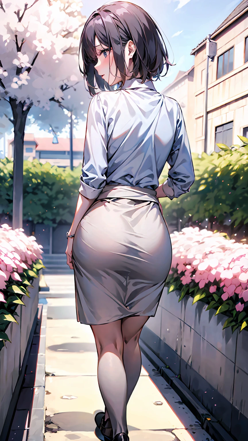 Highest quality、High-quality 4K,8k,(Woman walking hand in hand with child)、Mature woman in her 30s、Back view、Black jacket、White collared shirt、White Skirt、Big Ass、Her pink underwear is visible、Make your butt stand out、Outdoor、town