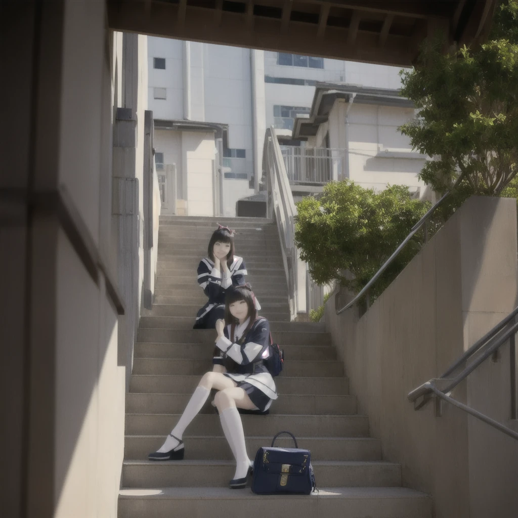 There is a woman sitting on the stairs with her bag., Anime Girl Cosplay, Kantai Collection Style, Ayaka Cosplay, Cosplay Photo, Shot with a Canon 5D Mark II, Photo taken with Sony a7r, Inspired by Tsubasa Nakai, Mayuri Shiina from Stein's Gate, Shot with Canon EOS R 6, アニメコスプレshe is a japanese woman she is . she is very skinny. Her shoulders are very narrow. she is naked. her breasts are small. She is 170 cm tall. She weighs 35kg. She has a transparent pink cunt exposed. She draws the female genitalia clearly.Her outline is thin and she doesn't use black, A sweet look in love. Her cheeks are dyed red. Japanese painting. pale watercolor. Do not draw outlines.The uterus and vagina are visible through the skin. The skin is transparent and the organs are visible.Very thin, small breasts, thin legs Pink straight hair, brown eyes, A short skirt with a checkered pattern, a tie of the same color as the skirt, and a navy blue blazer.Female genitalia exposed. with an anarchic color scheme.A Japanese high school girl is coming home from school and changing her clothes, exposing her skin.She is wearing a navy blazer, a plaid/checkered skirt, black knee-high socks, and has long pink hair, wearing glasses.The genitals are exposed and conspicuous.I'm changing clothes in my room and I'm naked. She doesn't even wear underwear.Do not draw outlines. A pale watercolor painting. Color saturation is low.