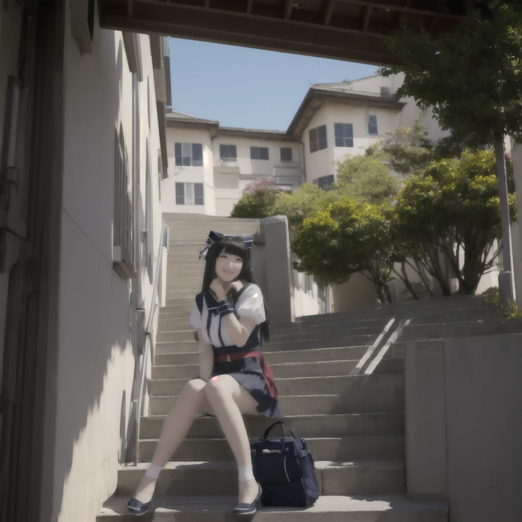 There is a woman sitting on the stairs with her bag., Anime Girl Cosplay, Kantai Collection Style, Ayaka Cosplay, Cosplay Photo, Shot with a Canon 5D Mark II, Photo taken with Sony a7r, Inspired by Tsubasa Nakai, Mayuri Shiina from Stein&#39;s Gate, Shot with Canon EOS R 6, アニメコスプレshe is a japanese woman she is 17 years old. she is very skinny. Her shoulders are very narrow. she is naked. her breasts are small. She is 170 cm tall. She weighs 35kg. She has a transparent pink cunt exposed. She draws the female genitalia clearly.Her outline is thin and she doesn't use black, A sweet look in love. Her cheeks are dyed red. Japanese painting. pale watercolor. Do not draw outlines.The uterus and vagina are visible through the skin. The skin is transparent and the organs are visible.Very thin, small breasts, thin legs Pink straight hair, brown eyes, A short skirt with a checkered pattern, a tie of the same color as the skirt, and a navy blue blazer.Female genitalia exposed.  with an anarchic color scheme.A Japanese high school girl is coming home from school and changing her clothes, exposing her skin.She is wearing a navy blazer, a plaid/checkered skirt, black knee-high socks, and has long pink hair, wearing glasses.The genitals are exposed and conspicuous.I'm changing clothes in my room and I'm naked. She doesn't even wear underwear.Do not draw outlines. A pale watercolor painting. Color saturation is low.