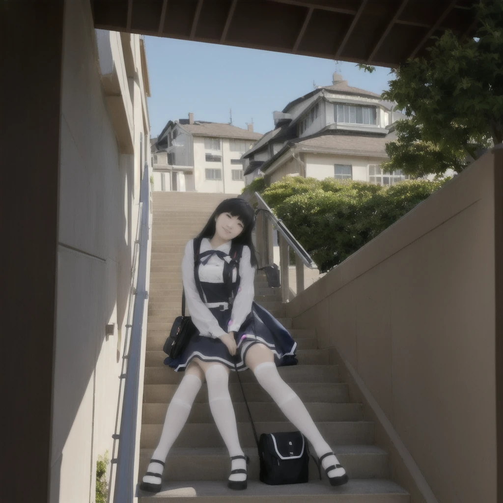 There is a woman sitting on the stairs with her bag., Anime Girl Cosplay, Kantai Collection Style, Ayaka Cosplay, Cosplay Photo, Shot with a Canon 5D Mark II, Photo taken with Sony a7r, Inspired by Tsubasa Nakai, Mayuri Shiina from Stein's Gate, Shot with Canon EOS R 6, アニメコスプレshe is a japanese woman she is 17 years old. she is very skinny. Her shoulders are very narrow. she is naked. her breasts are small. She is 170 cm tall. She weighs 35kg. She has a transparent pink cunt exposed. She draws the female genitalia clearly.Her outline is thin and she doesn't use black, A sweet look in love. Her cheeks are dyed red. Japanese painting. pale watercolor. Do not draw outlines.The uterus and vagina are visible through the skin. The skin is transparent and the organs are visible.Very thin, small breasts, thin legs Pink straight hair, brown eyes, A short skirt with a checkered pattern, a tie of the same color as the skirt, and a navy blue blazer.Female genitalia exposed. with an anarchic color scheme.A Japanese high school girl is coming home from school and changing her clothes, exposing her skin.She is wearing a navy blazer, a plaid/checkered skirt, black knee-high socks, and has long pink hair, wearing glasses.The genitals are exposed and conspicuous.I'm changing clothes in my room and I'm naked. She doesn't even wear underwear.Do not draw outlines. A pale watercolor painting. Color saturation is low.