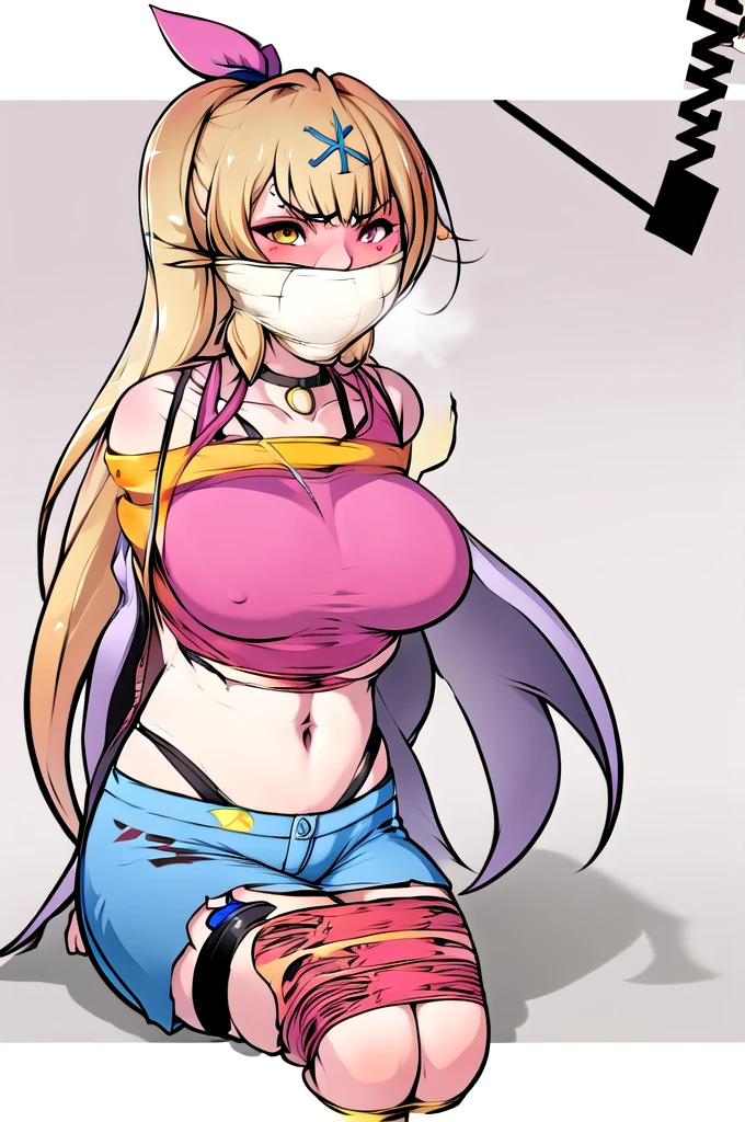 (masterpiece, best quality), 1girl, hoshikawasaraNS, 1girl, JamOrbital,solo, long hair, hair ornament, long sleeves, navel, bare shoulders, hair ribbon,wide sleeves, side ponytail,crop top,sleeveless shirt,thigh strap, heterochromia, highleg, x hair ornament, front-tie top, strap slip, blue shorts,jacket,open jacket,Improvised gag,tape gag,gagged