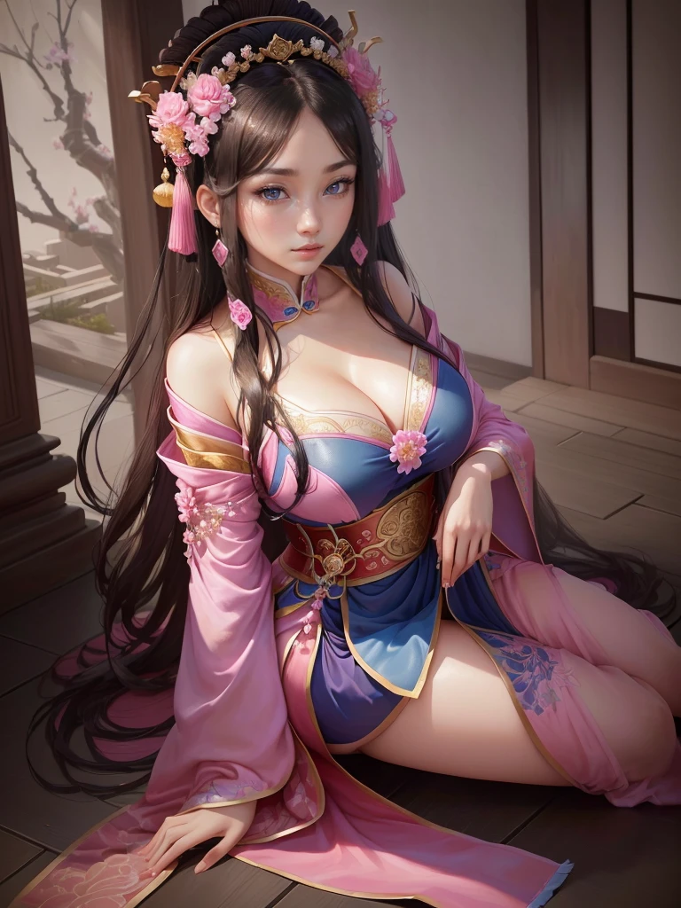 Painting of a woman in a pink and blue dress, Beautiful Fantasy Empress, ancient Chinese Princess, Beautiful character drawings, Chinese Princess, palace, Girl in Han Dress, Princess of an ancient Asian dynasty, Ancient Chinese Beauties, Inspired by Run In, Beautiful and attractive anime woman, Beautiful Fantasy Empress, Beautiful renderings of the Tang Dynasty, Beautiful oriental woman, Empress of China, Highly detailed CG unit 8k wallpaper, masterpiece, High resolution, highest quality, highest quality real texture skin, Super Real, Digital Painting, Best image quality, 最High resolution, 8k, ((Highly detailed eyes and face, Beautiful eyes every detail)), (wariza, seiza, from front, girl sitting, sit at a floor), disproportionate breasts, huge breasts, gigantic breasts, disproportionate breasts, huge breasts, gigantic breasts,
