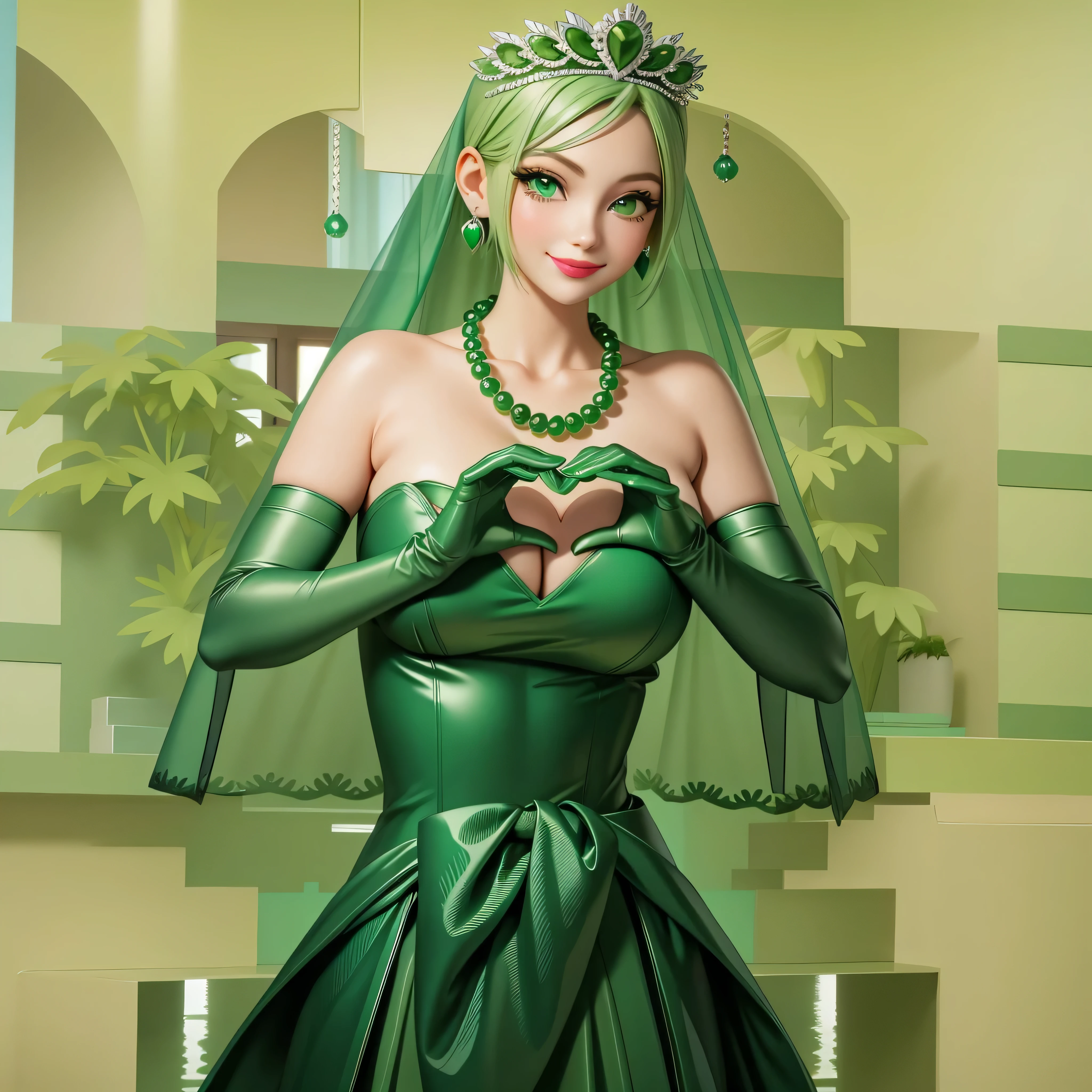 emerald tiara, Green Pearl Necklace, Boyish very short green hair, Green Lips, Smiling Japanese woman, Very short hair, beautiful lady, Green Eyes, Green satin long gloves, Green Eyes, Emerald Earrings, Green veil, Heart with both hands, Green Hair, Beautiful Japanese Woman, Heart shaped hands:1.3, green lip gloss