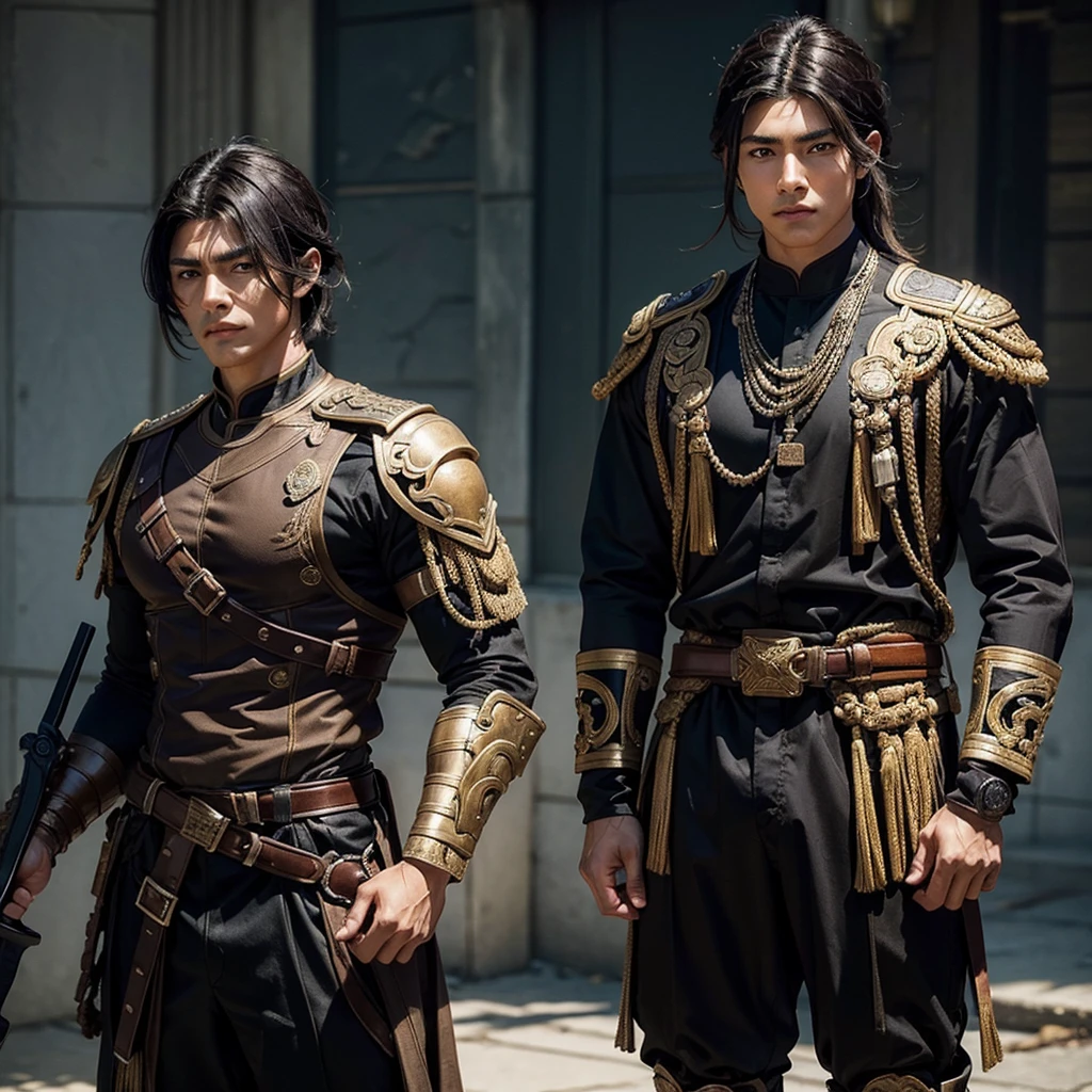 Create a muscular swordsman boy, attractive, black hair with Mexican features with brown skin, a military suit inspired by pre-Hispanic clothing. All in a style as if it were a genshin impact character