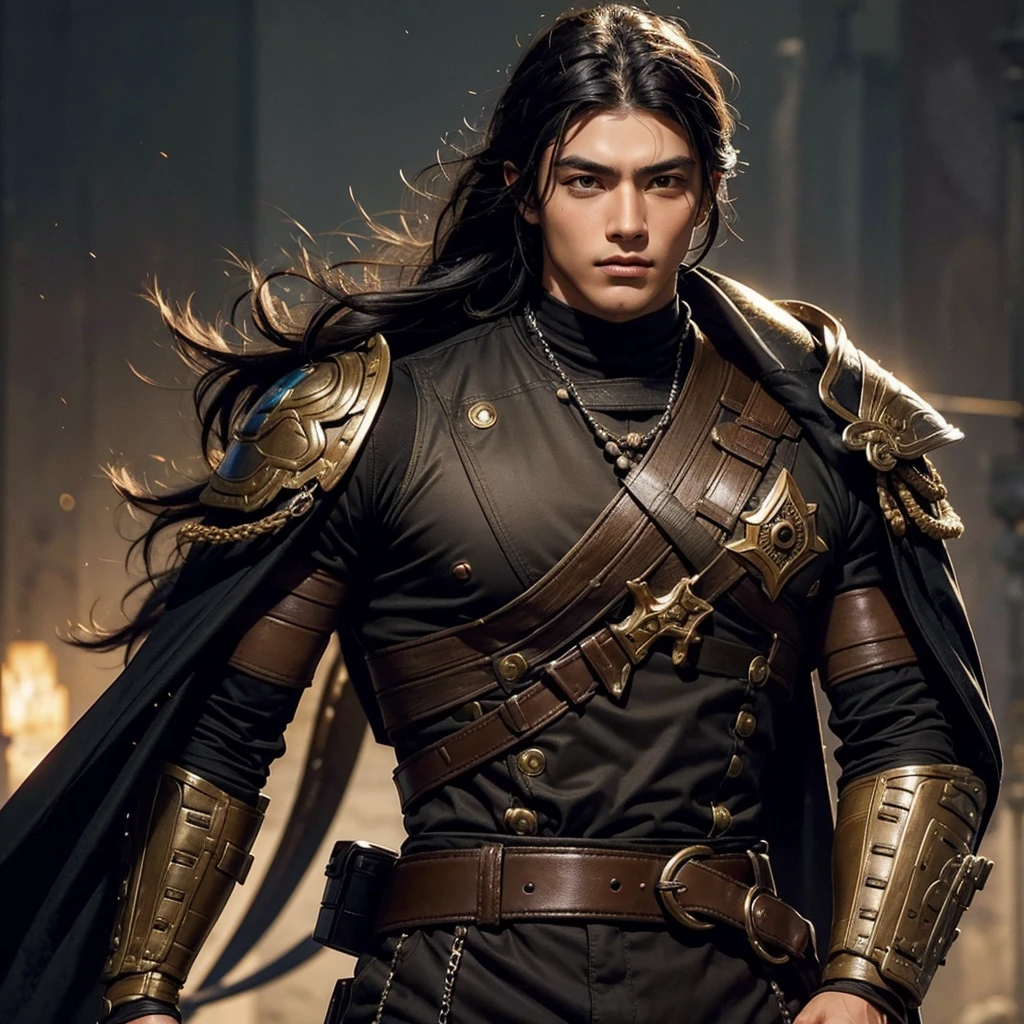 Create a muscular swordsman boy, attractive, black hair with Mexican features with brown skin, a military suit inspired by pre-Hispanic clothing. All in a style as if it were a genshin impact character