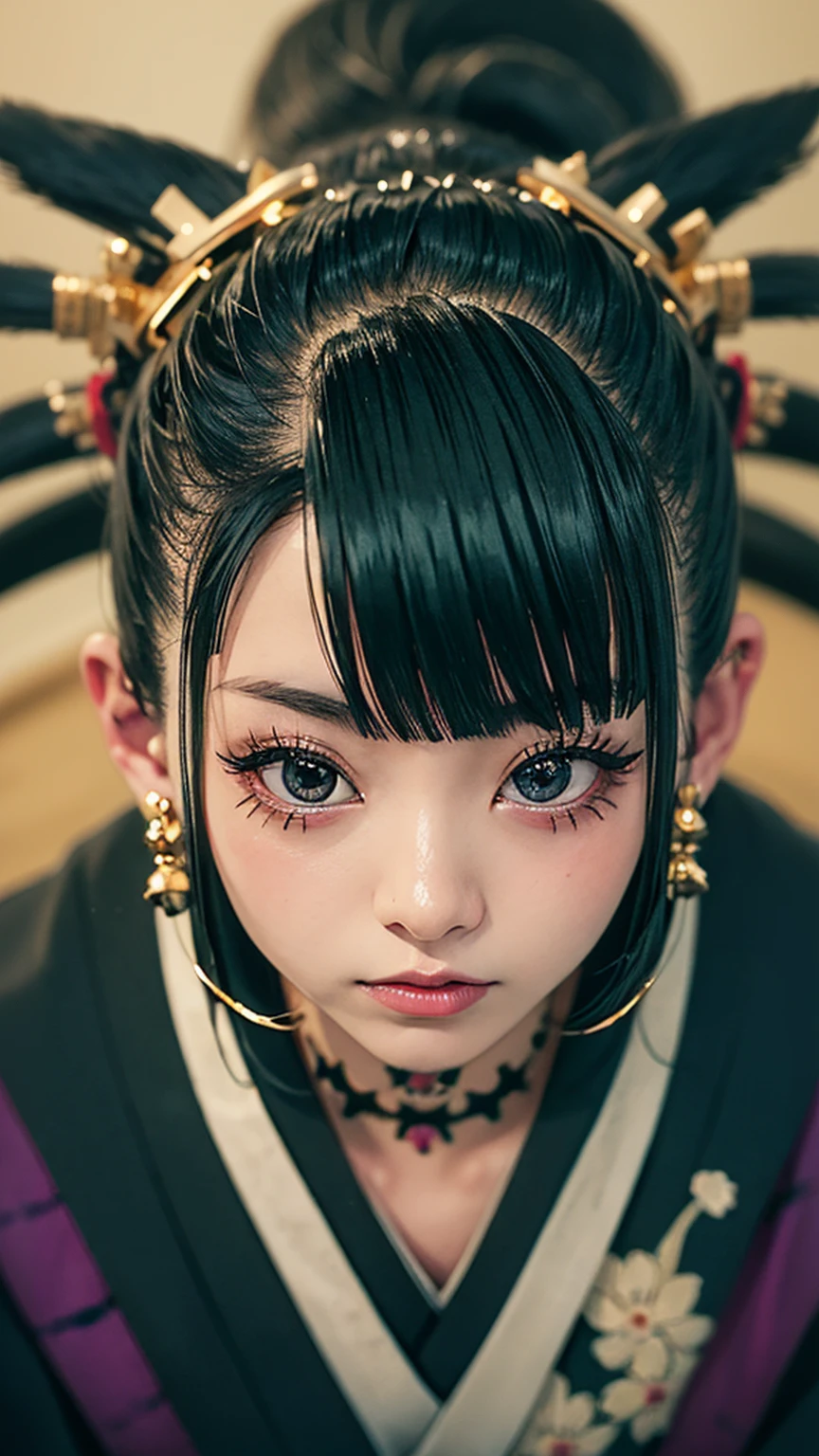 masterpiece, Highest quality, A solemn Japanese-style room with tatami mats, A large photograph of a woman from head to waist, (Close up on face:1.5), (Punk rock kimono, black地に赤+gold:1.3), Squatting and spreading legs, Open your mouth, Glare, (black+Purple hair color, Mid-length hair, Twin tails), (blackい瞳, Sparkling eyes), (Long eyelashes, Eyelash extensions)