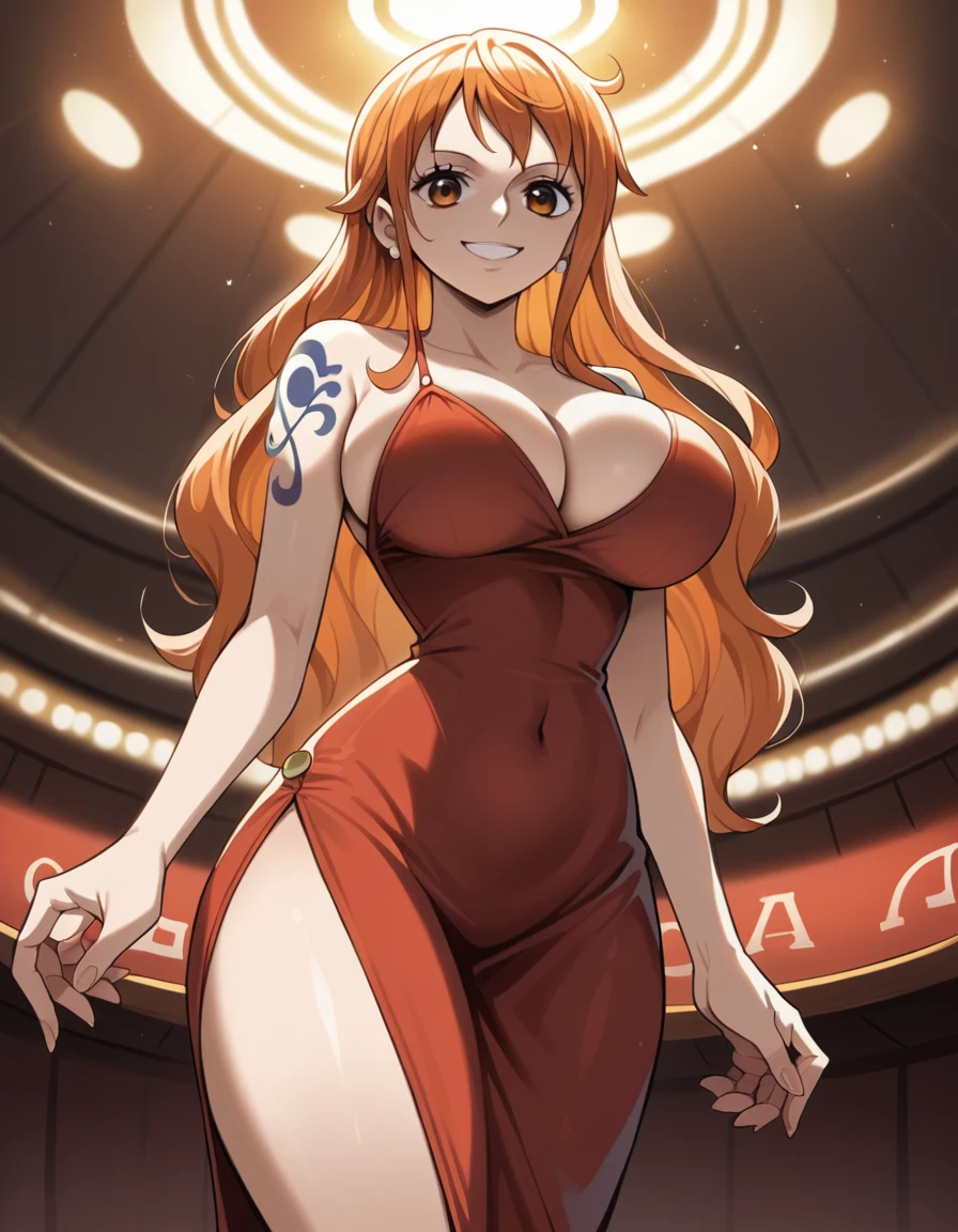 score_9, score_8_up, score_7_up, source_anime, best quality, clear face, Nami, orange hair, long hair, orange eyes, large breasts, perfect body, standing, looking at viewer, smile, cleavage, dynamic angle, tight dress, red clothes, thighs, gorgeous room, lighting, casino