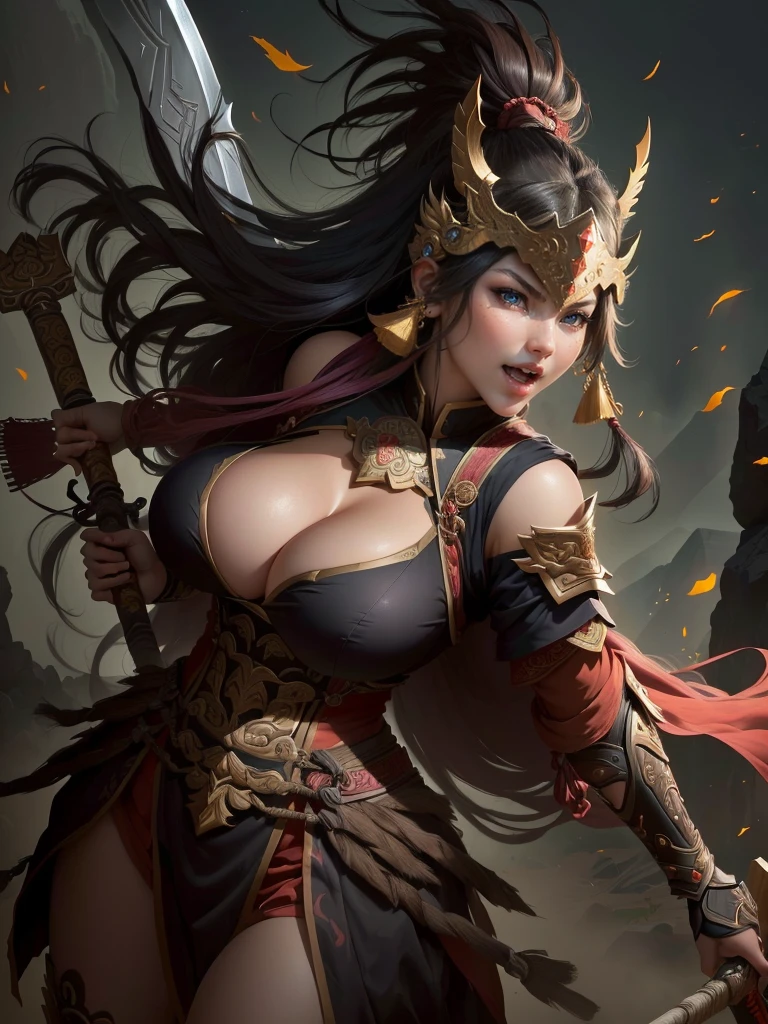 a woman with a large axe and a feathered head, inspired by Hu Zaobin, berserker potrait, guan yu, bian lian, sun wukong, mongol, inspired by Huang Shen, inspired by Li Gonglin, tai warlord, inspired by Wu Bin, wukong, inspired by Li Kan, naranbaatar ganbold, Highly detailed CG unit 8k wallpaper, masterpiece, High resolution, highest quality, highest quality real texture skin, Super Real, Digital Painting, Best image quality, 最High resolution, 8k, ((Highly detailed eyes and face, Beautiful eyes every detail)), 1girl, Full Body Shot, Saggy breasts, Gravity-dependent breasts, long chest, Heavy chest, disproportionate breasts, huge breasts, sagging breasts, gigantic breasts, erect nipple, Cleavage cut out, Look away, Gazing into the distance, ((open your mouth wide, stick out tongue, ahegao)), (evil smile, madness),