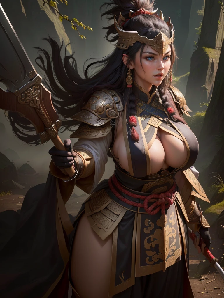 a woman with a large axe and a feathered head, inspired by Hu Zaobin, berserker potrait, guan yu, bian lian, sun wukong, mongol, inspired by Huang Shen, inspired by Li Gonglin, tai warlord, inspired by Wu Bin, wukong, inspired by Li Kan, naranbaatar ganbold, Highly detailed CG unit 8k wallpaper, masterpiece, High resolution, highest quality, highest quality real texture skin, Super Real, Digital Painting, Best image quality, 最High resolution, 8k, ((Highly detailed eyes and face, Beautiful eyes every detail)), 1girl, Full Body Shot, Saggy breasts, Gravity-dependent breasts, long chest, Heavy chest, disproportionate breasts, huge breasts, sagging breasts, gigantic breasts, ????? nipple, Cleavage cut out, Look away, Gazing into the distance, ((open your mouth wide, stick out tongue, ahegao)), (evil smile, madness),