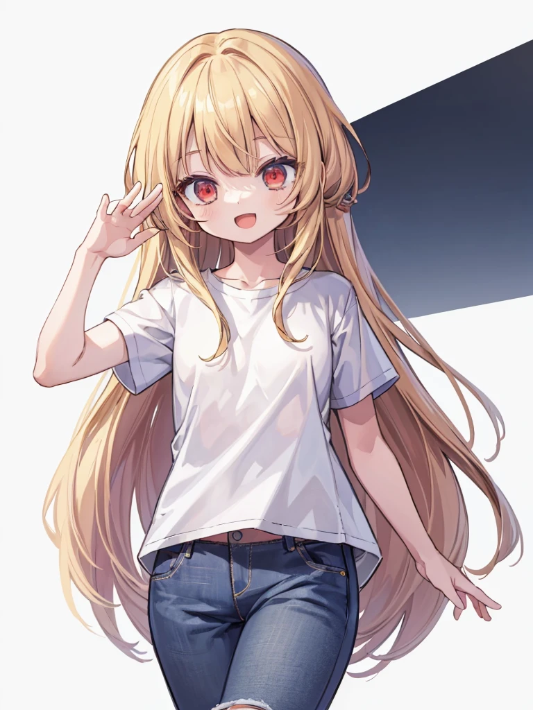 (masterpiece, best quality, highres:1.2), white background, simple background, 1girl, blonde hair, long hair, straight hair,  red eyes, smile, open mouth, waving, white t-shirt, short sleeves, jeans