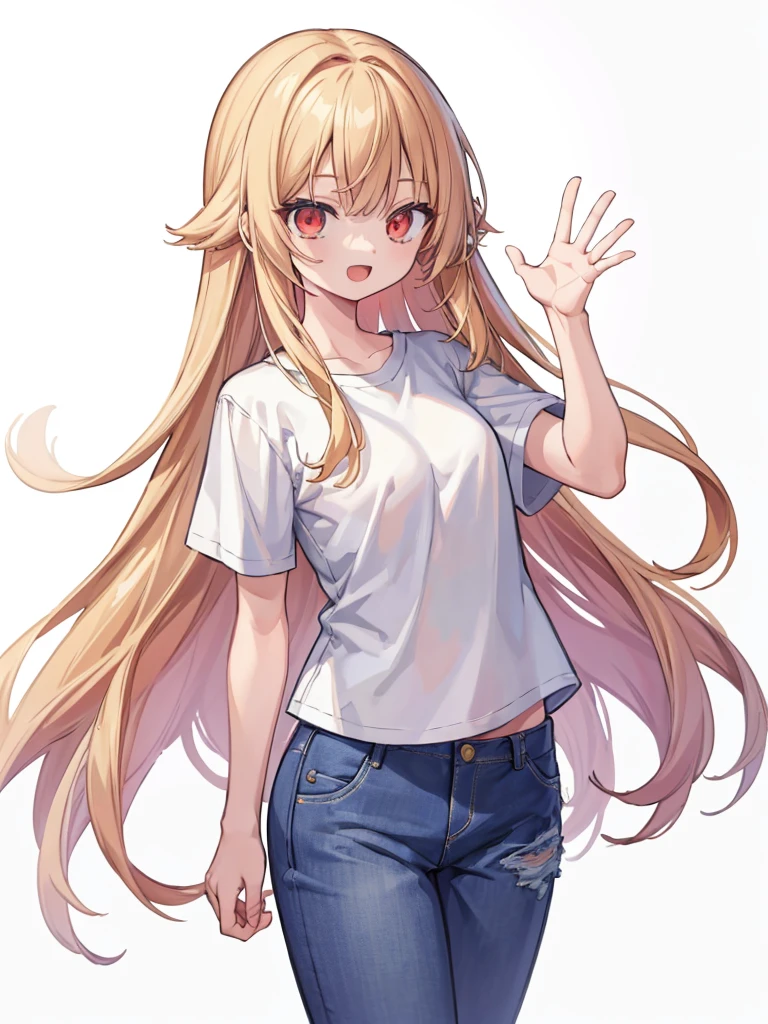 (masterpiece, best quality, highres:1.2), white background, simple background, 1girl, blonde hair, long hair, straight hair,  red eyes, smile, open mouth, waving, white t-shirt, short sleeves, jeans