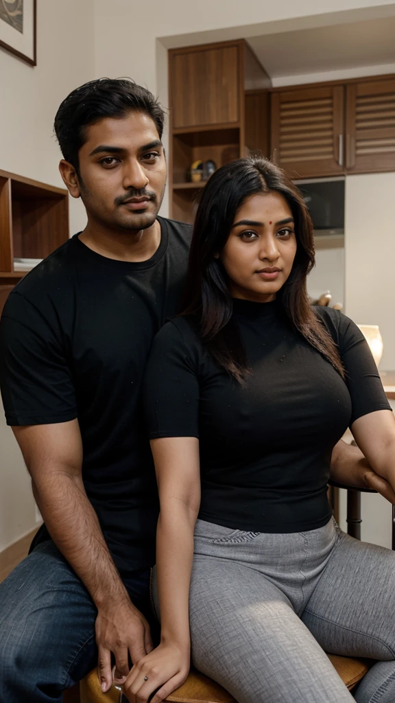 Indian married couple, man and woman, short woman with long hair, big breasts, big hip, big ass, thick curvy, 30 years indian tall man buzz cut wearing shirt and jeans, woman wearing black kurti and leggings, man sitting in chair and woman sitting in man lap, Couple, sexy face, detailed.