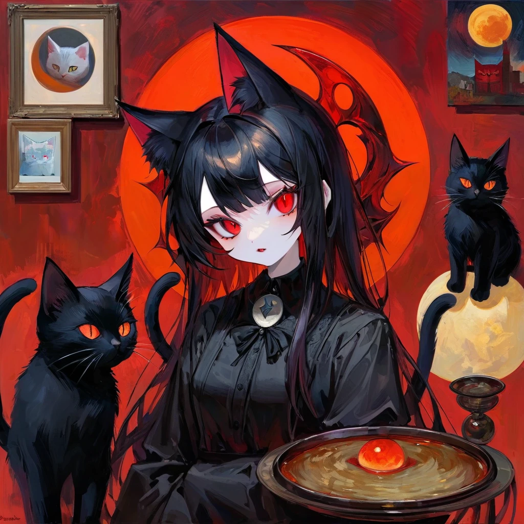 satanic cat, red moon, (art inspired by Bill Sienkiewicz). oil painting)