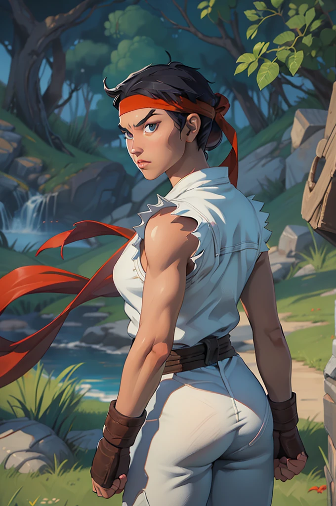 (from behind), (work of art, best qualityer:1.2), expressive eyes, face perfect, high resolution, beautiful female Ryu \(sf\), (female:1.5), Bblack hair, long hair, dougi, gloves fingerless, headband, no pants, standing, cowboy shot, gazing at viewer