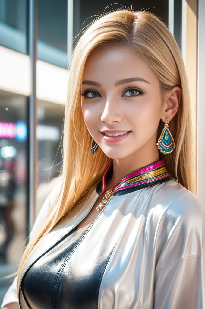 (masterpiece:1.4), (best quality:1.4), 4k, 8k, ultra high res, ultra high resolution, ultra detailed, ((detailed facial features)), HDR, (realistic, photorealistic, photo-realistic:1.37), closeup, sexy seductive Swedish model, (happy smile), (small breasts), (slim girl), long lashes, ultra detailed makeup, defined eyebrows, platinum blonde hair, fair skin, elegant posture, wearing large sparkling colorful jewelry, wearing a business style leather dress, standing in a large shopping mall, gentle sunlight shining through the shopping mall windows, casting a soft glow on her face, adding warmth to the scene, vibrant colors, capturing the essence of vibrant city life, portrait style, showcasing her natural beauty and grace in a feminine way