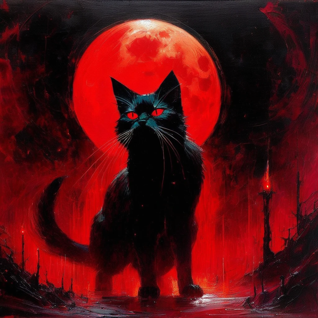 satanic cat, red moon, (art inspired by Bill Sienkiewicz). oil painting)
