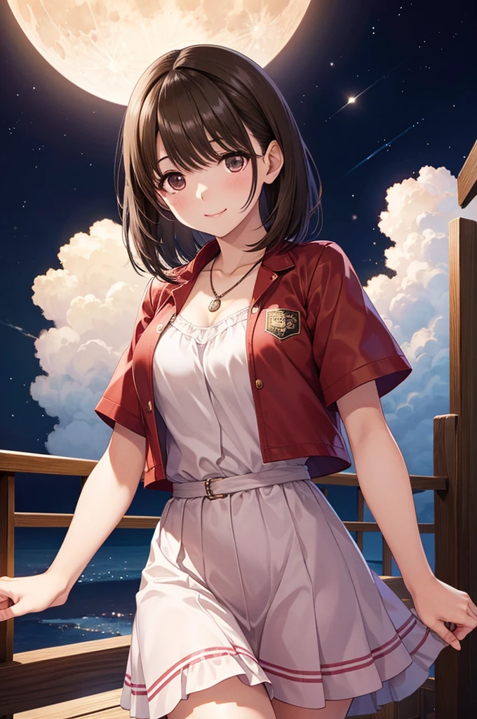 anegasaki nene、Shiny brown hair, short hair, (Beautiful brown eyes)、smile、Sparkling eyes, (Fine grain)、Ultra-detailed eyes、Highly detailed face, Highly detailed eyes,Cowboy Shot、masterpiece, Highest quality, One girl, alone,   necklace, Cropped jacket, Red jacket, Short sleeve, Pink Dress, Long dress, night, night sky, moon, moon light