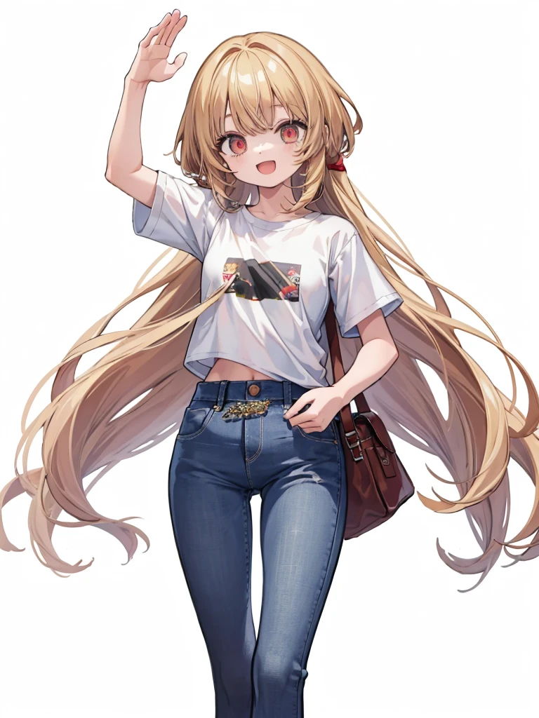 (masterpiece, best quality, highres:1.2), white background, simple background, 1girl, blonde hair, long hair, straight hair,  red eyes, smile, open mouth, waving, white t-shirt, short sleeves, jeans