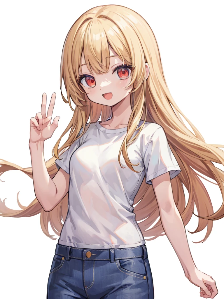 (masterpiece, best quality, highres:1.2), white background, simple background, 1girl, blonde hair, long hair, straight hair,  red eyes, smile, open mouth, waving, white t-shirt, short sleeves, jeans