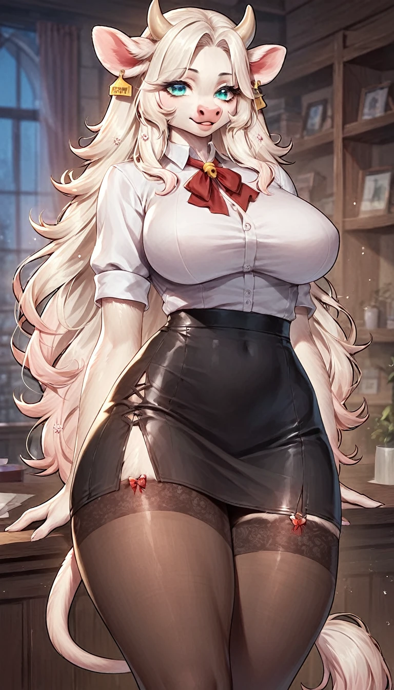 score_9, score_8_up, score_7_up, score_6_up, score_5_up, score_4_up, (solo), female anthro cow, secretary clothes, tight skirt, lusty, fluffy body, long blond hair, turquoise eyes, (thick thighs:1.5) garter belt tights, big breasts, from the back, backsite, from back