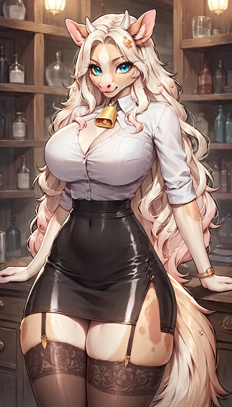 score_9, score_8_up, score_7_up, score_6_up, score_5_up, score_4_up, (solo), female anthro cow, secretary clothes, tight skirt, lusty, fluffy body, long blond hair, turquoise eyes, (thick thighs:1.5) garter belt tights, big breasts, from the back, backsite, from back