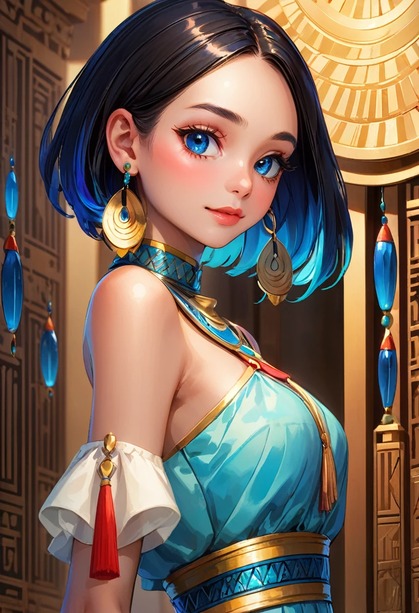 (masterpiece:1.3, 64k), intrincate details, (highly detailed), ai-generated, cinematic lighting, shading, (best quality), absurd, UHD, (ultra high-resolution), ultra-detailed, cgi, (lineart), clear, vibrant colour, shadow, contrast, refraction, perspective, depth, (depth of field), light particles, (hyper detailed), elaborated features, (volumetric lighting), BREAK 1girl, (25 years old), solo, (perfect anatomy), short hair, black hair, (colored inner hair, (blue hair:0.9)), front hair bob cut, (bob_cut:1.3), (super detailed hair), (dark_skin:1.2), (red eyes:1.2, extremely delicate eyes:1.3, beautiful eyes, super detailed pupils, eyelashes), (super detailed skin), (perfect face, beautiful face:1.1), glossy lips, (medium breasts:1.1, pointy_breasts:1.3), (slender body, thin waist, medium hips), BREAK (egyptian dress, golden dress:1.2), (earrings), BREAK (cute smile), (medium shot), back view, dynamic pose, dynamic angle, BREAK outdoors, (Hathor Temple, Ancient Egypt), (Night:1.5), BREAK beautiful girl, vivid color, sharp focus, perfect hands, perfect light, dutch angle,