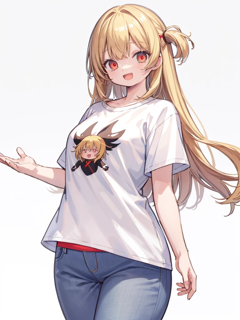 (masterpiece, best quality, highres:1.2), white background, simple background, 1girl, blonde hair, long hair, straight hair,  red eyes, smile, open mouth, waving, white t-shirt, short sleeves, jeans