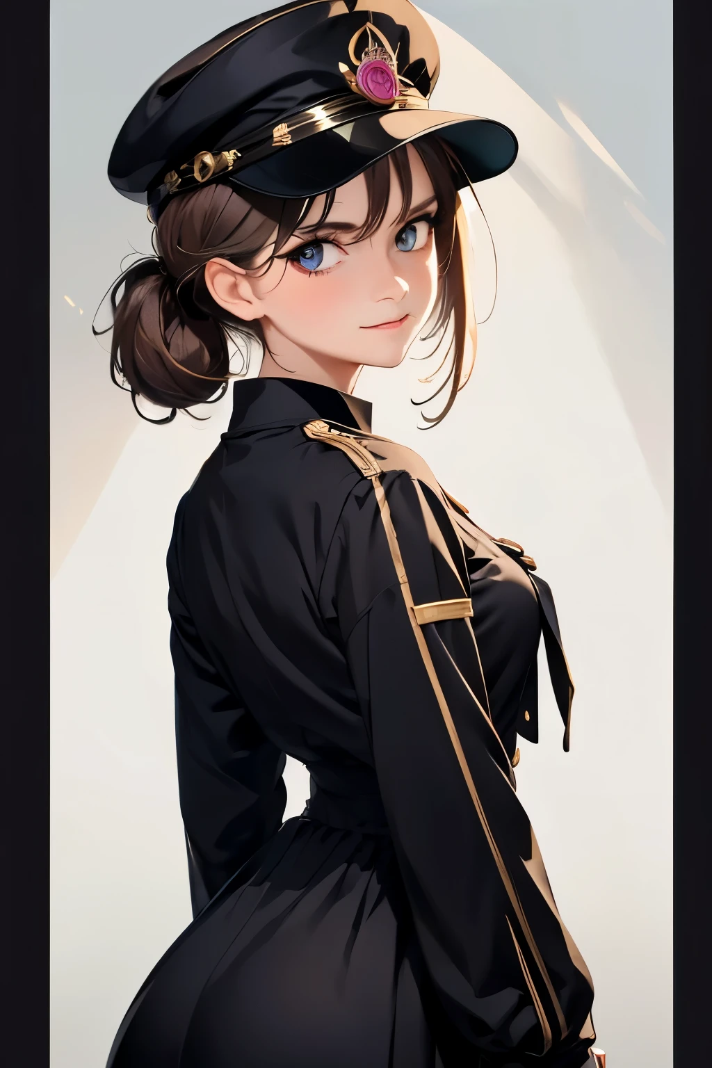 8620 (maitetsu),8620 (uniform),masterpiece, best quality, ultra-detailed, illustration,black dress,hat,looking back,:d,white background,((Eye highlights))