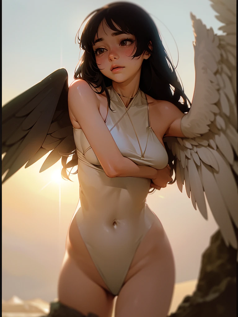 ((nsfw)),(gigantic breast:1)),(masterpiece, best quality),((high resolution 4k)), 1lady, solo, wings,fallen angel, black short hair, loose waves, red eyes,wet body,water drops on her body,full naked,private parts exposed,no clothes,squatting pose,back view,looking at the viewer