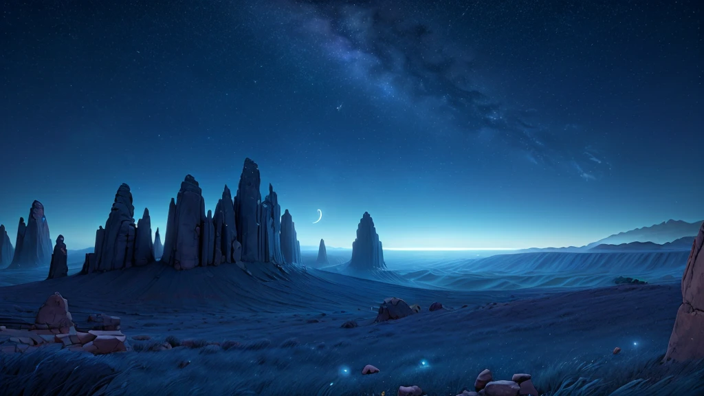 a breathtaking night sky, a serene starry night, a galaxy of twinkling stars, glowing crescent moon, atmospheric hazy clouds, ethereal moonlight, dramatic chiaroscuro lighting, vibrant deep blue tones, photorealistic, highly detailed, cinematic composition, dramatic mood, mystical atmosphere, epic fantasy landscape