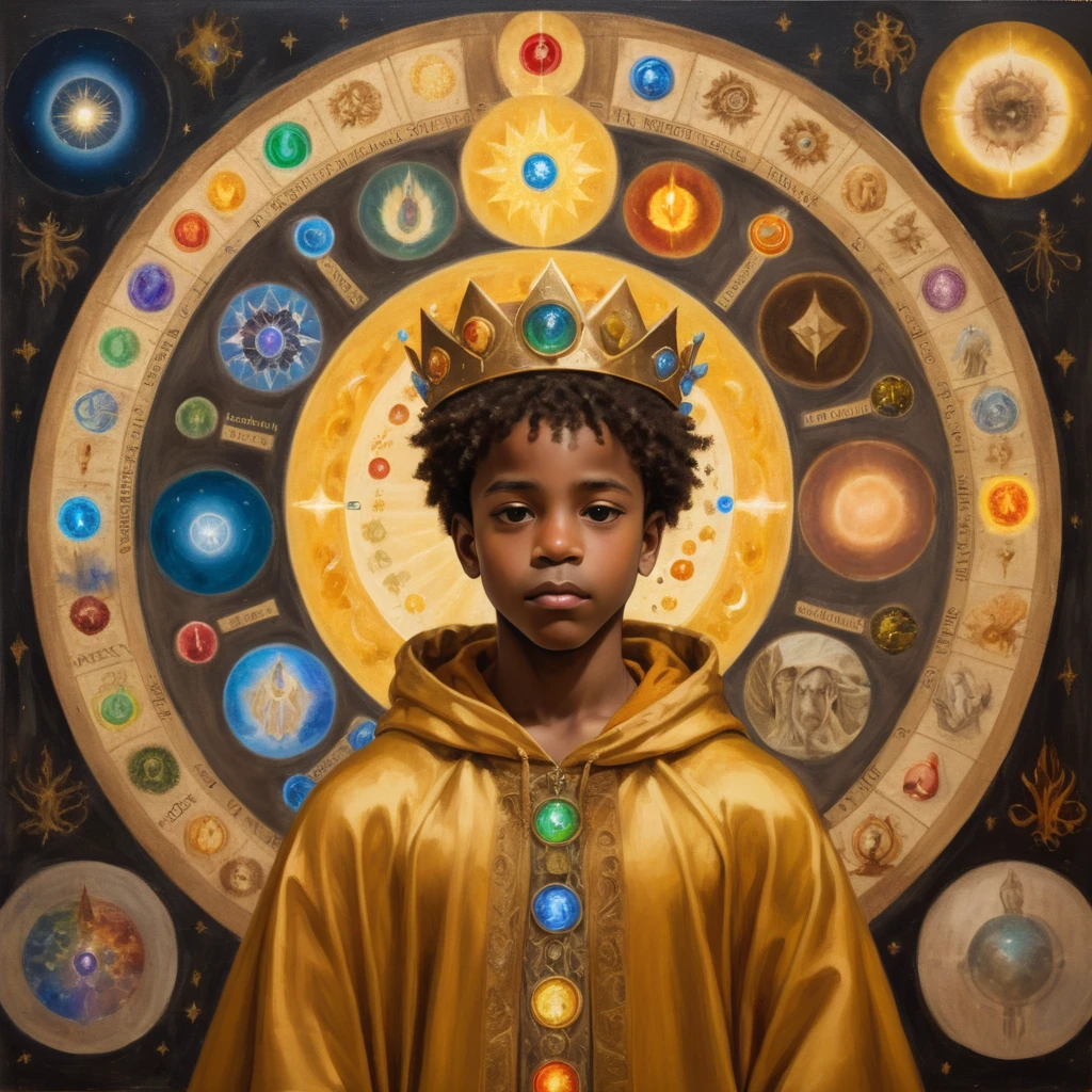 black boy with his back, shorth hair, with a crown on his head and a cedar, with a golden cloak with the 7 chakras, luxurious setting, and with art and beautiful elements. He looks and beholds the coosmic golden celestial realms, with astrology elements, renaissance painting, oil painting inspired by leonardo da vinci. 